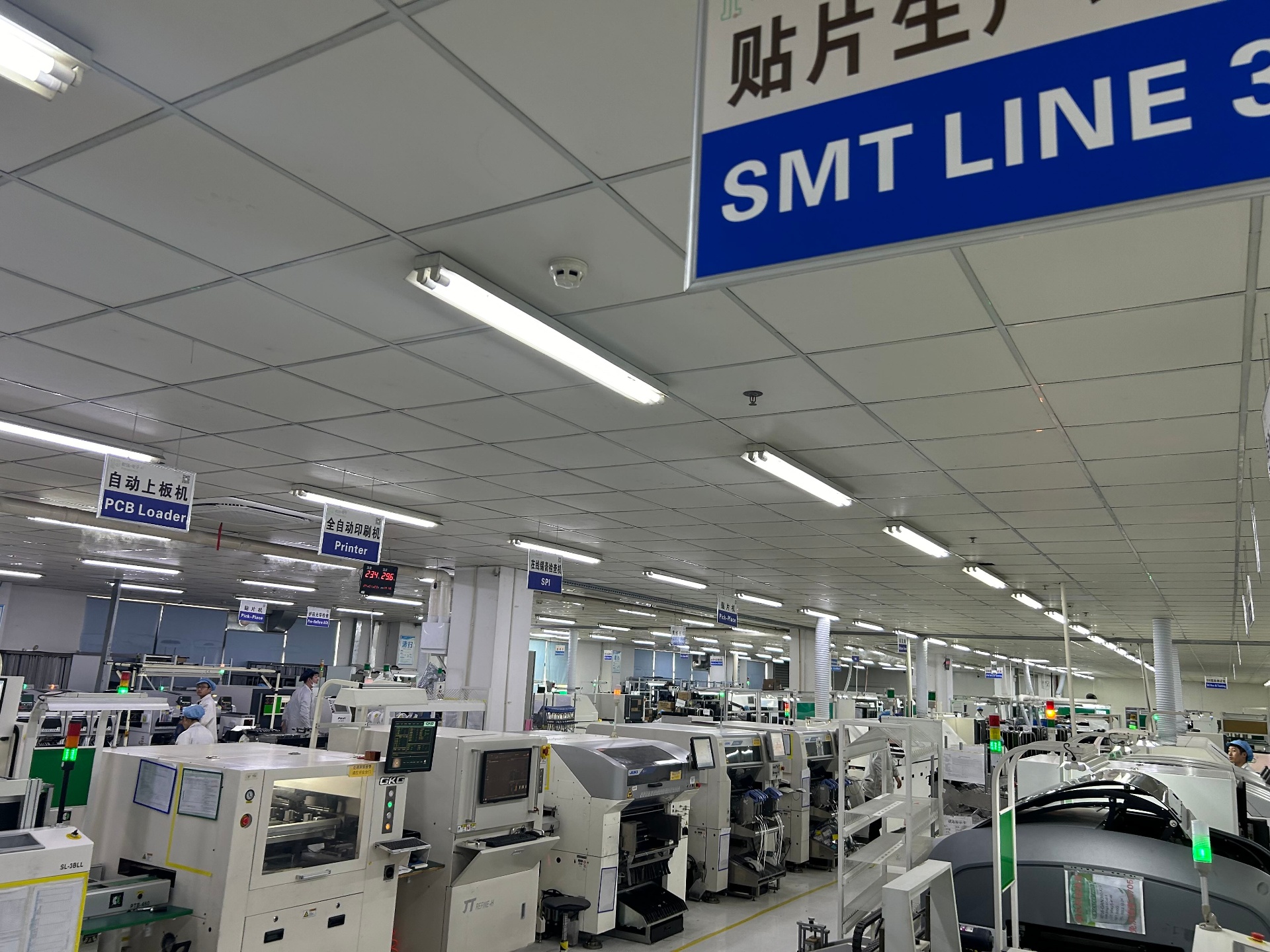 SMT Line 3 at a partner electronics manufacturer in Suzhou, showing PCB loader, printer, SPI and pick-and-place stations
