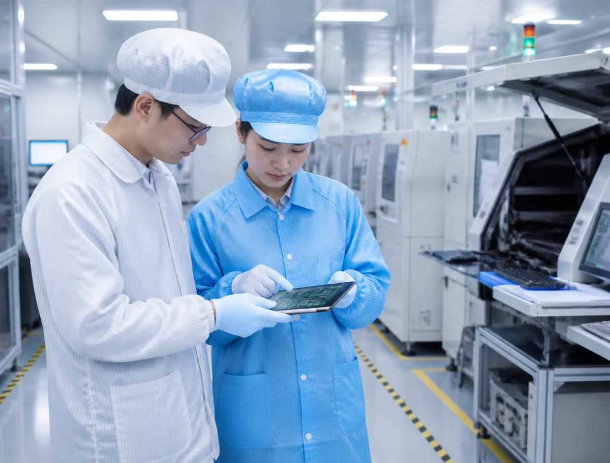 Engineers reviewing a printed circuit board in a modern Asian electronics manufacturing cleanroom