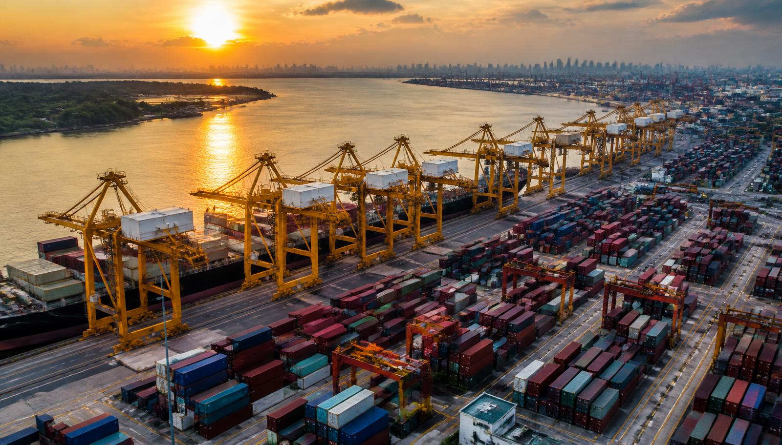 Aerial view of a Southeast Asian container port and logistics terminal at sunset