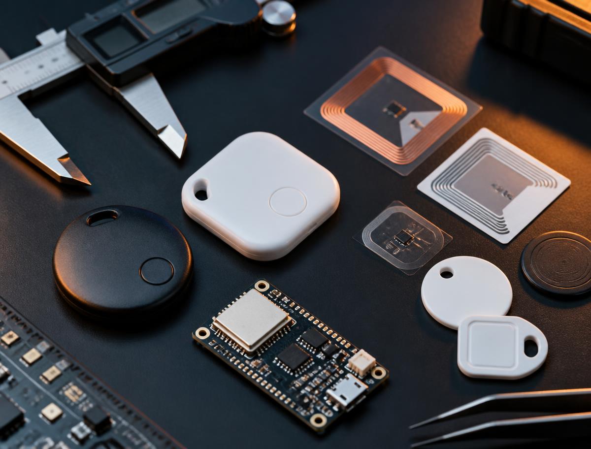 BLE tags, smart labels and GPS tracking hardware on a workbench