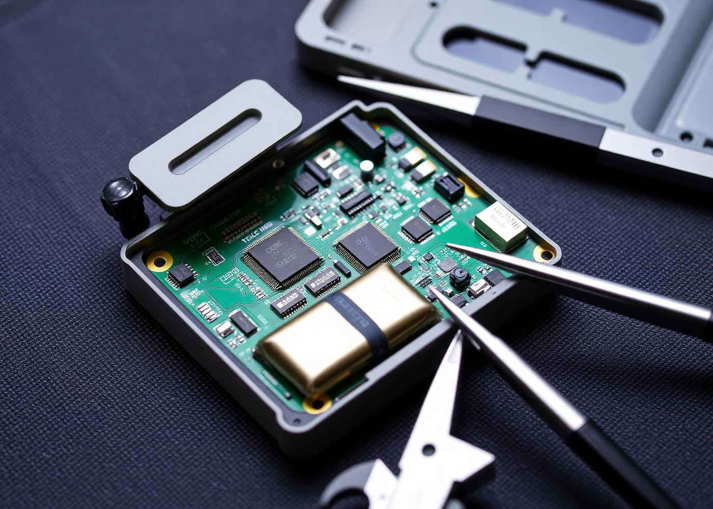 GPS tracker teardown showing PCB, GNSS module, antenna and battery under inspection